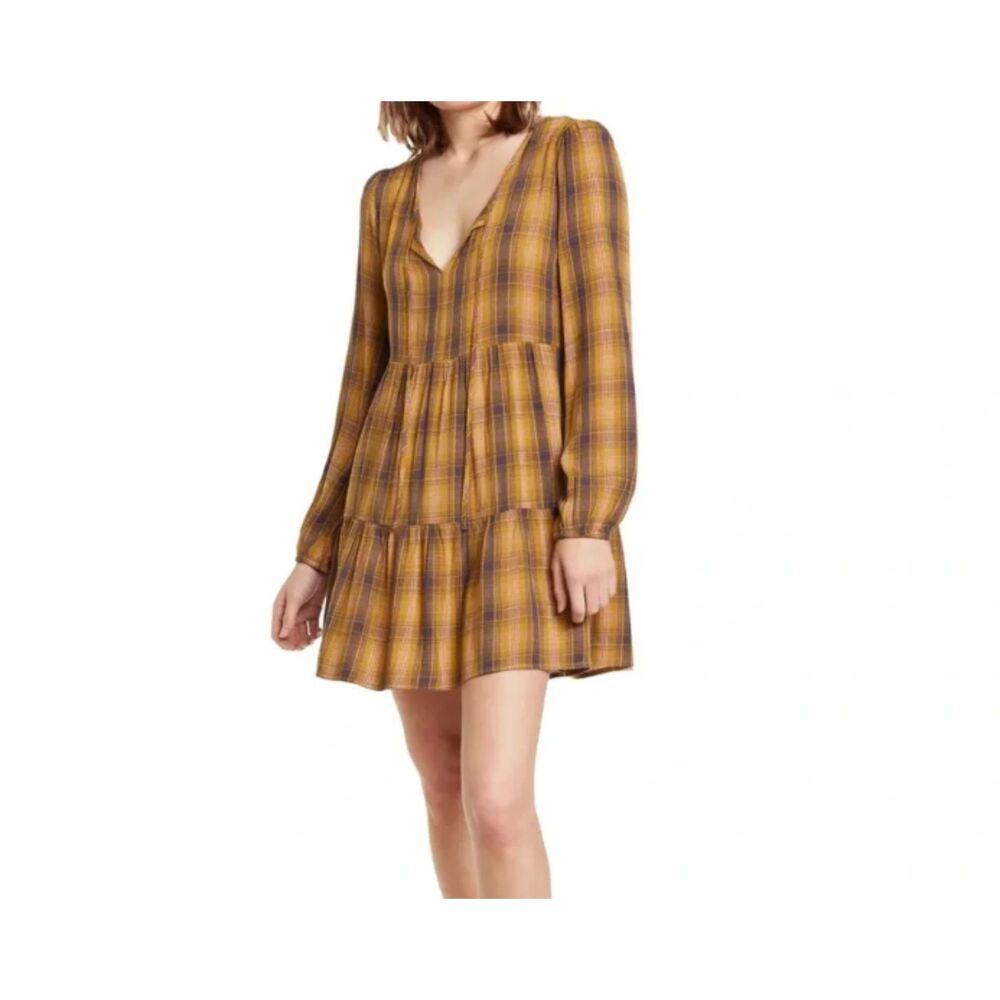 Abound Nordstrom Plaid Long Sleeve Tie Neck Tiered Boho Dress Small Cottagecore